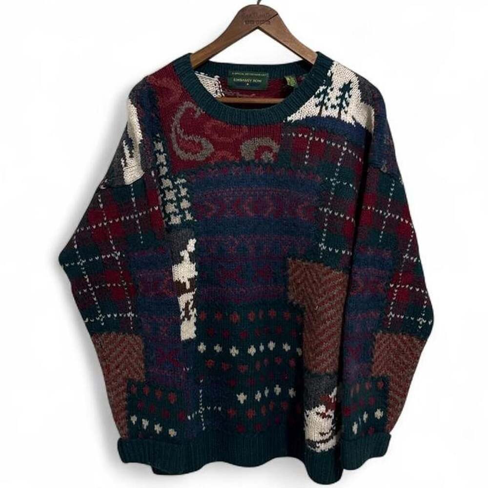 Embassy Row Patchwork Wool Sweater Size L Vintage Grandpacore